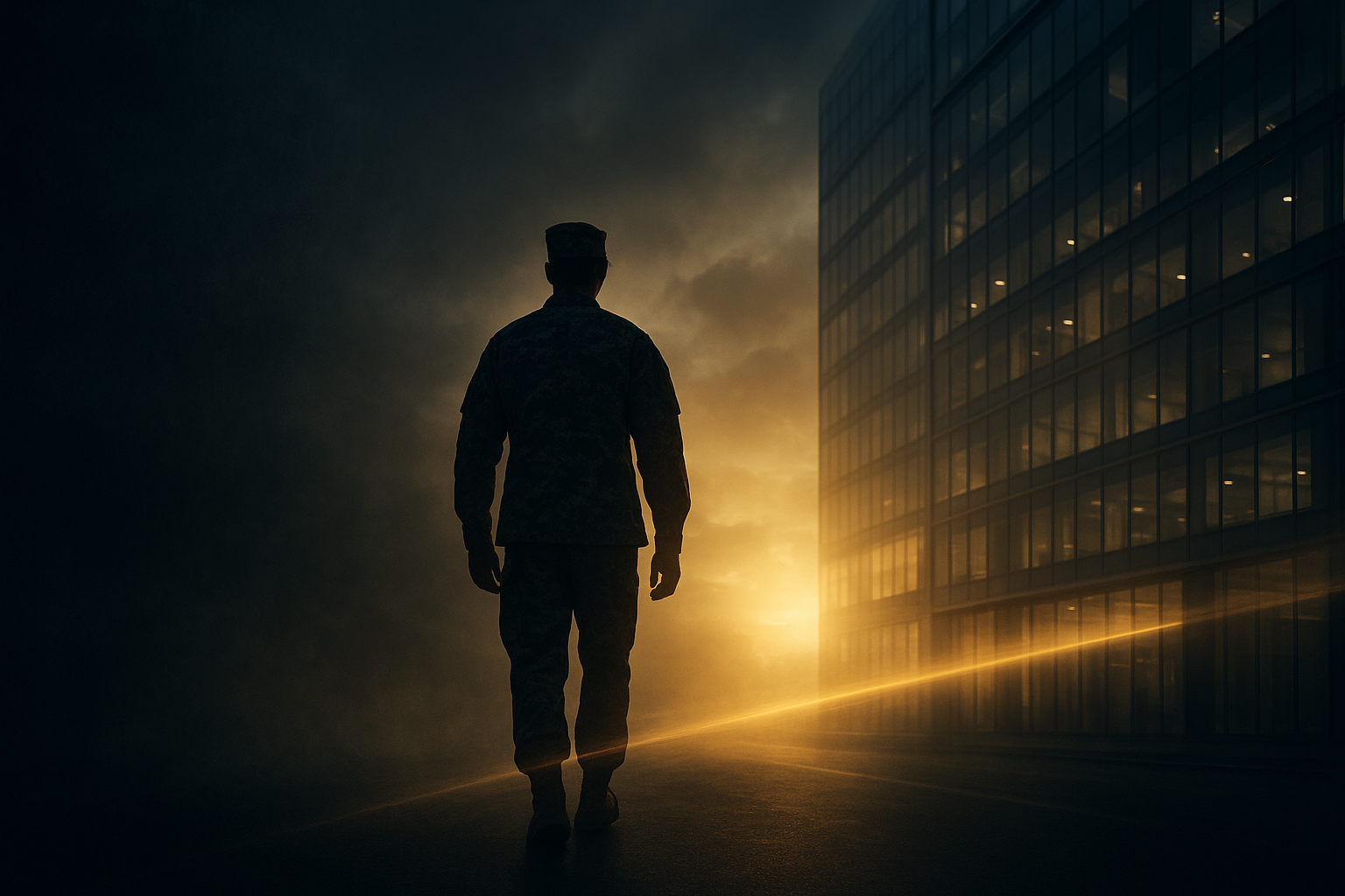 A veteran in uniform walking toward a modern office building