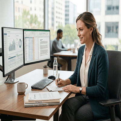 Woman working at desk with check reports on computer
